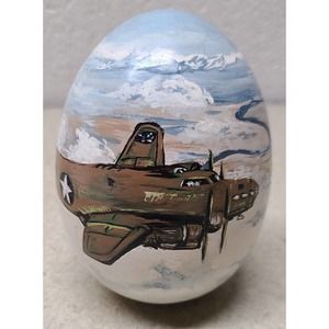 B17 Bomber USAF WW2 Egg Art Painting Signed by Ewings Terra Cotta Clay 3X3X4